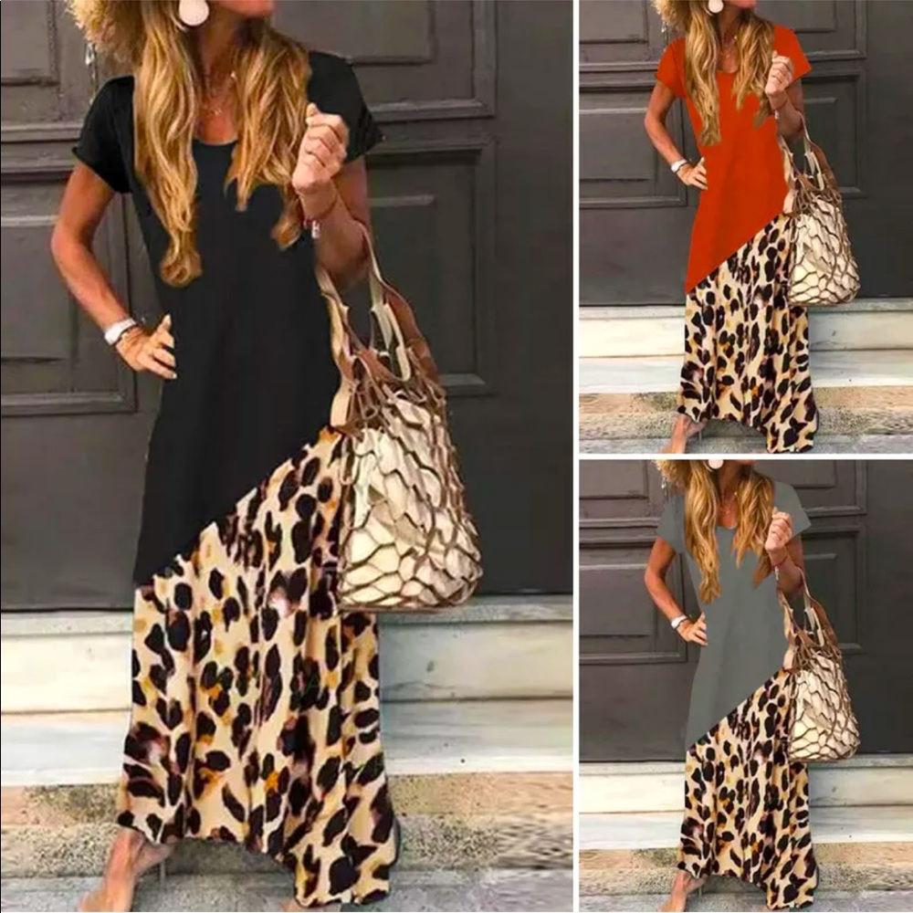 Color Blocked, Leopard, T Shirt, Maxidress